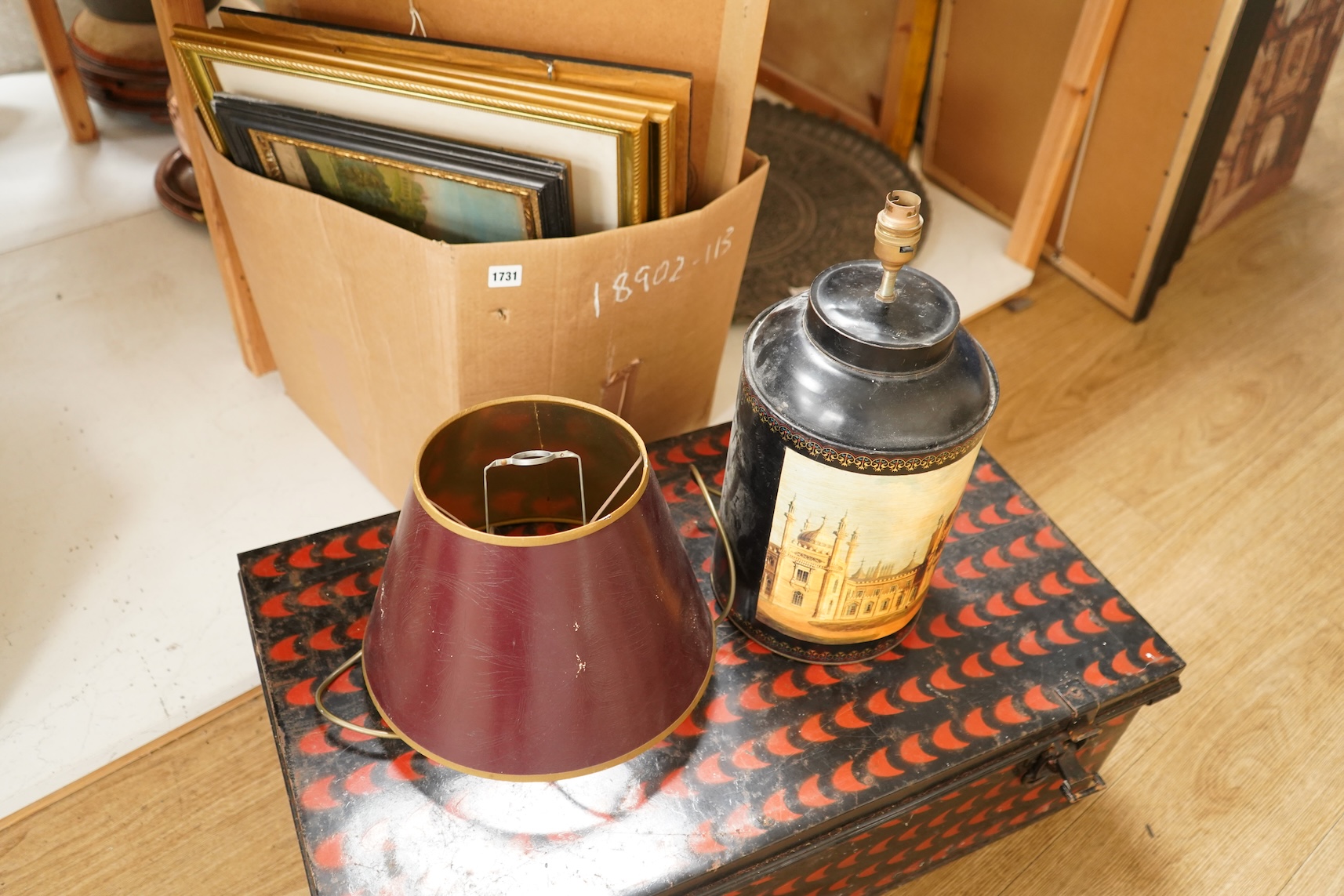 Tin a toleware tin trunk-77cm x 45cm and Brighton Pavilion decorated tea tin lamp and shade.